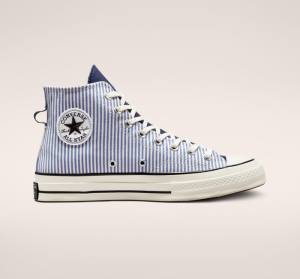 Tenis Cano Alto Converse Chuck 70 Crafted Stripe Azul Anil Pretas | CV-536PJD