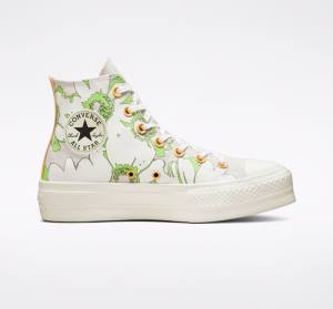 Tenis Cano Alto Converse Chuck Taylor All Star Lift Plataforma Crafted Florals Marrom Luz Verdes | CV-109SEZ