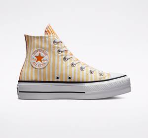 Tenis Cano Alto Converse Chuck Taylor All Star Lift Plataforma Stripes Branco Manga Amarelas Escuro | CV-132JAZ