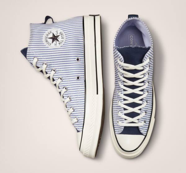 Tenis Cano Alto Converse Chuck 70 Crafted Stripe Azul Anil Pretas | CV-074YXC