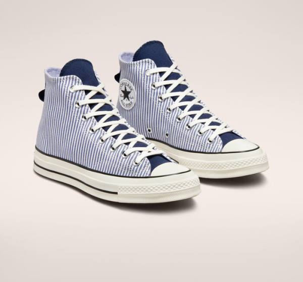 Tenis Cano Alto Converse Chuck 70 Crafted Stripe Azul Anil Pretas | CV-074YXC