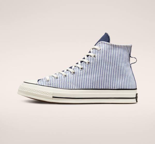 Tenis Cano Alto Converse Chuck 70 Crafted Stripe Azul Anil Pretas | CV-961GLS