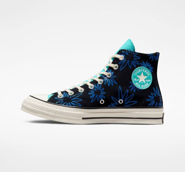 Tenis Cano Alto Converse Chuck 70 Sunny Floral Pretas Turquesa Azul Marinho | CV-206TFR