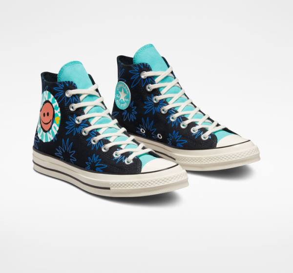 Tenis Cano Alto Converse Chuck 70 Sunny Floral Pretas Turquesa Azul Marinho | CV-206TFR