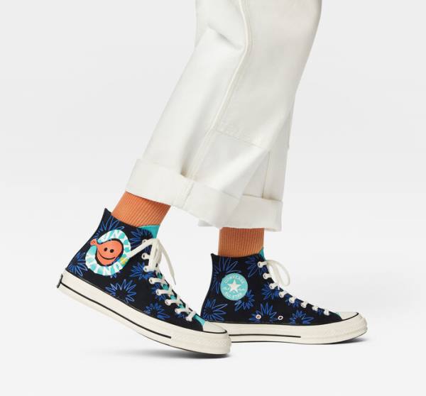 Tenis Cano Alto Converse Chuck 70 Sunny Floral Pretas Turquesa Azul Marinho | CV-206TFR