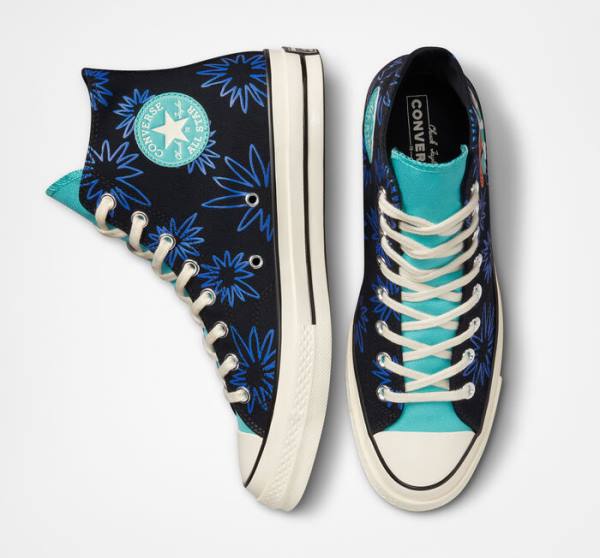 Tenis Cano Alto Converse Chuck 70 Sunny Floral Pretas Turquesa Azul Marinho | CV-841JUA