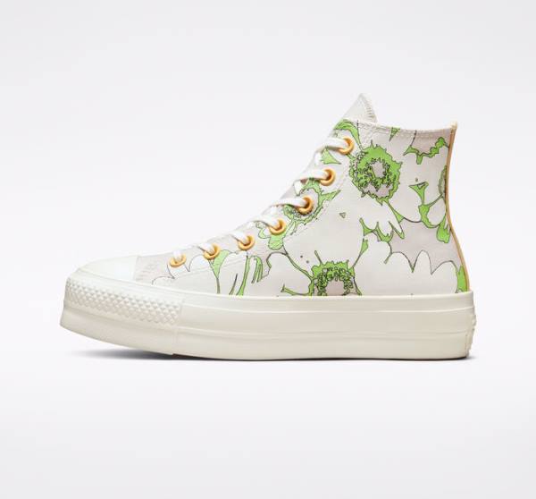 Tenis Cano Alto Converse Chuck Taylor All Star Lift Plataforma Crafted Florals Marrom Luz Verdes | CV-109SEZ