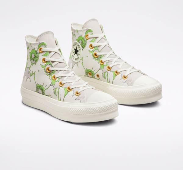 Tenis Cano Alto Converse Chuck Taylor All Star Lift Plataforma Crafted Florals Marrom Luz Verdes | CV-109SEZ