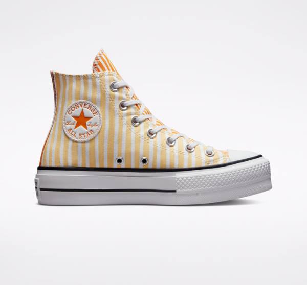 Tenis Cano Alto Converse Chuck Taylor All Star Lift Plataforma Stripes Branco Manga Amarelas Escuro | CV-132JAZ