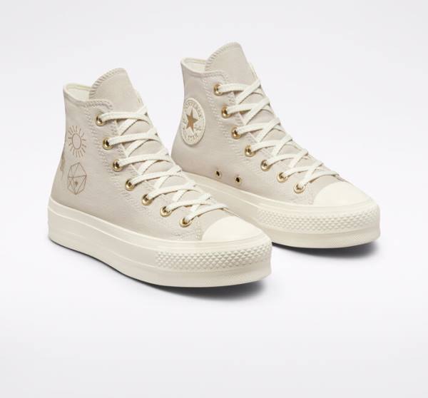 Tenis Cano Alto Converse Chuck Taylor All Star Lift Plataforma Golden Elements Marrom Luz Douradas | CV-241ARE