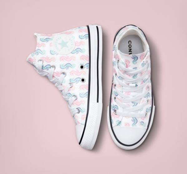 Tenis Cano Alto Converse Chuck Taylor All Star Seahorses Branco Rosa Luz | CV-325QYA