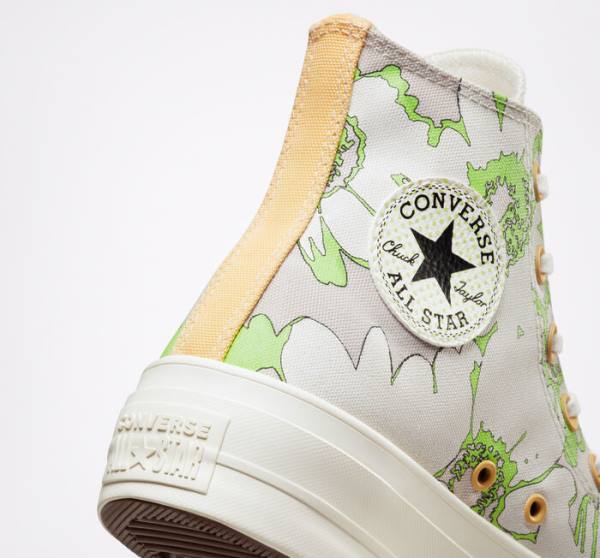 Tenis Cano Alto Converse Chuck Taylor All Star Lift Plataforma Crafted Florals Marrom Luz Verdes | CV-398BAQ