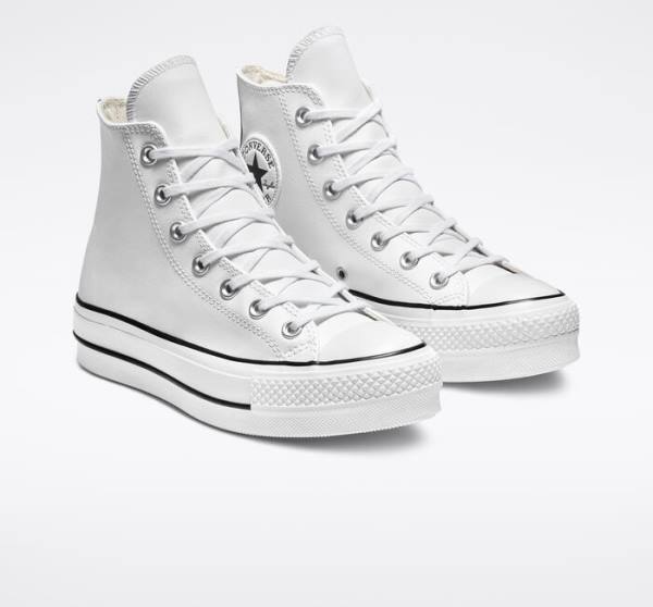 Tenis Cano Alto Converse Chuck Taylor All Star Lift Plataforma Couro Branco Pretas Branco | CV-835DZS