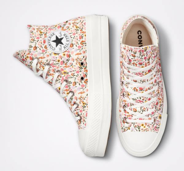 Tenis Cano Alto Converse Chuck Taylor All Star Lift Plataforma Florals Bege Branco Rosa | CV-964NWJ