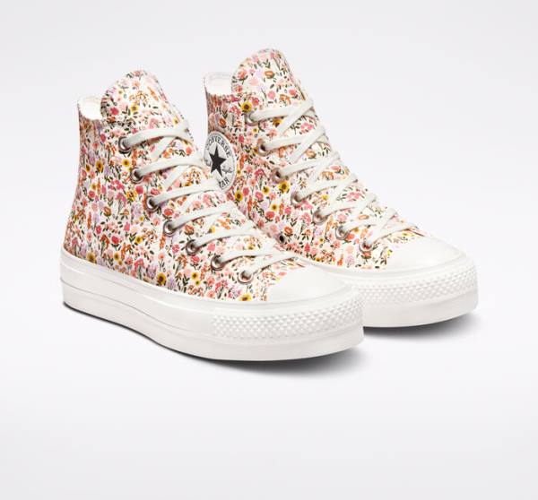 Tenis Cano Alto Converse Chuck Taylor All Star Lift Plataforma Florals Bege Branco Rosa | CV-964NWJ