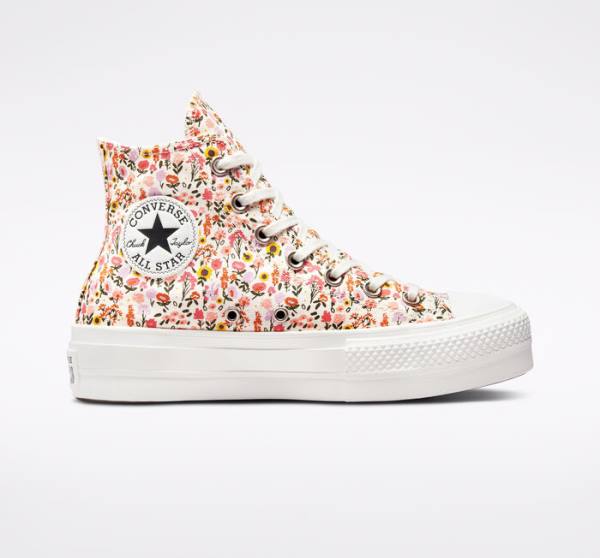 Tenis Cano Alto Converse Chuck Taylor All Star Lift Plataforma Florals Bege Branco Rosa | CV-964NWJ