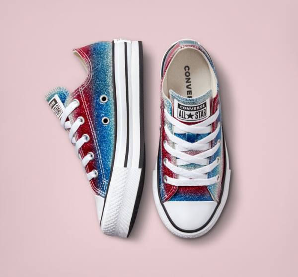 Tenis Cano Baixo Converse Chuck Taylor All Star Lift Plataforma Glitter Drip Azuis Branco Vermelhas | CV-360REU