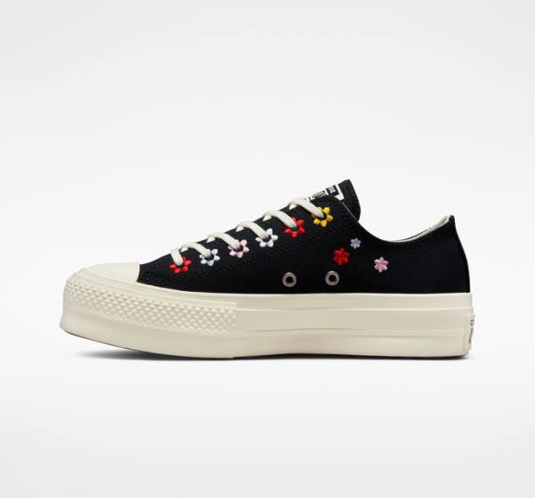 Tenis Cano Baixo Converse Chuck Taylor All Star Lift Plataforma Floral Embroidery Pretas Multicoloridas | CV-619XVC