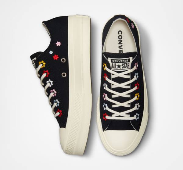 Tenis Cano Baixo Converse Chuck Taylor All Star Lift Plataforma Floral Embroidery Pretas Multicoloridas | CV-619XVC